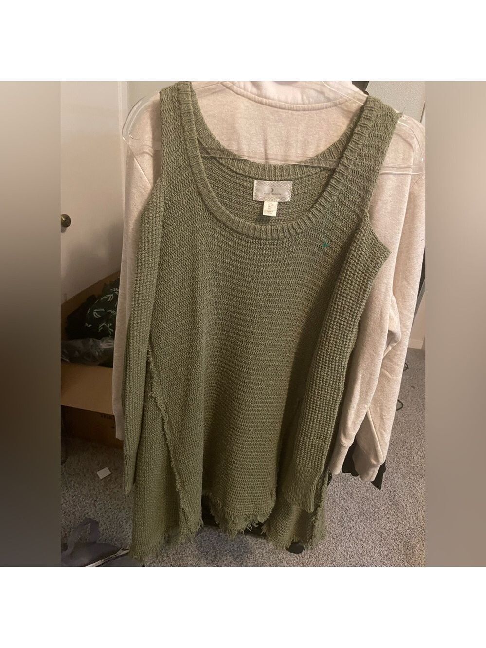 Ruby Moon Olive Green Cold Shoulder Knit Sweater L